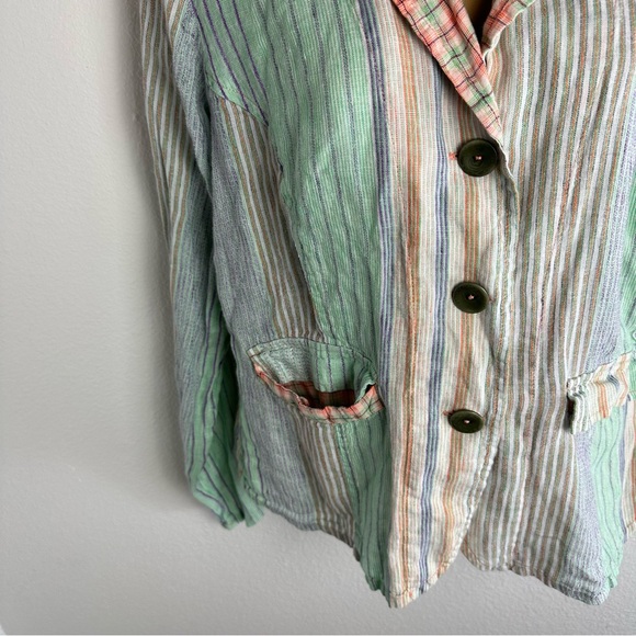 Flax Multicolored Striped 100% Linen Button Front Flap Front Pockets Blazer M? - Picture 5 of 16